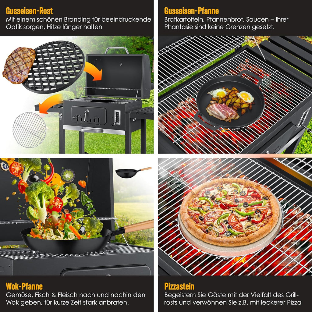 KESSER® Parilla de Carbón con Carrito Grill con Tapa, Ruedas, Mango de Acero Inoxidable | Barbacoa y Termómetro Carbón Grande BBQ Asador Camping, Terraza, Jardín XXL Gris