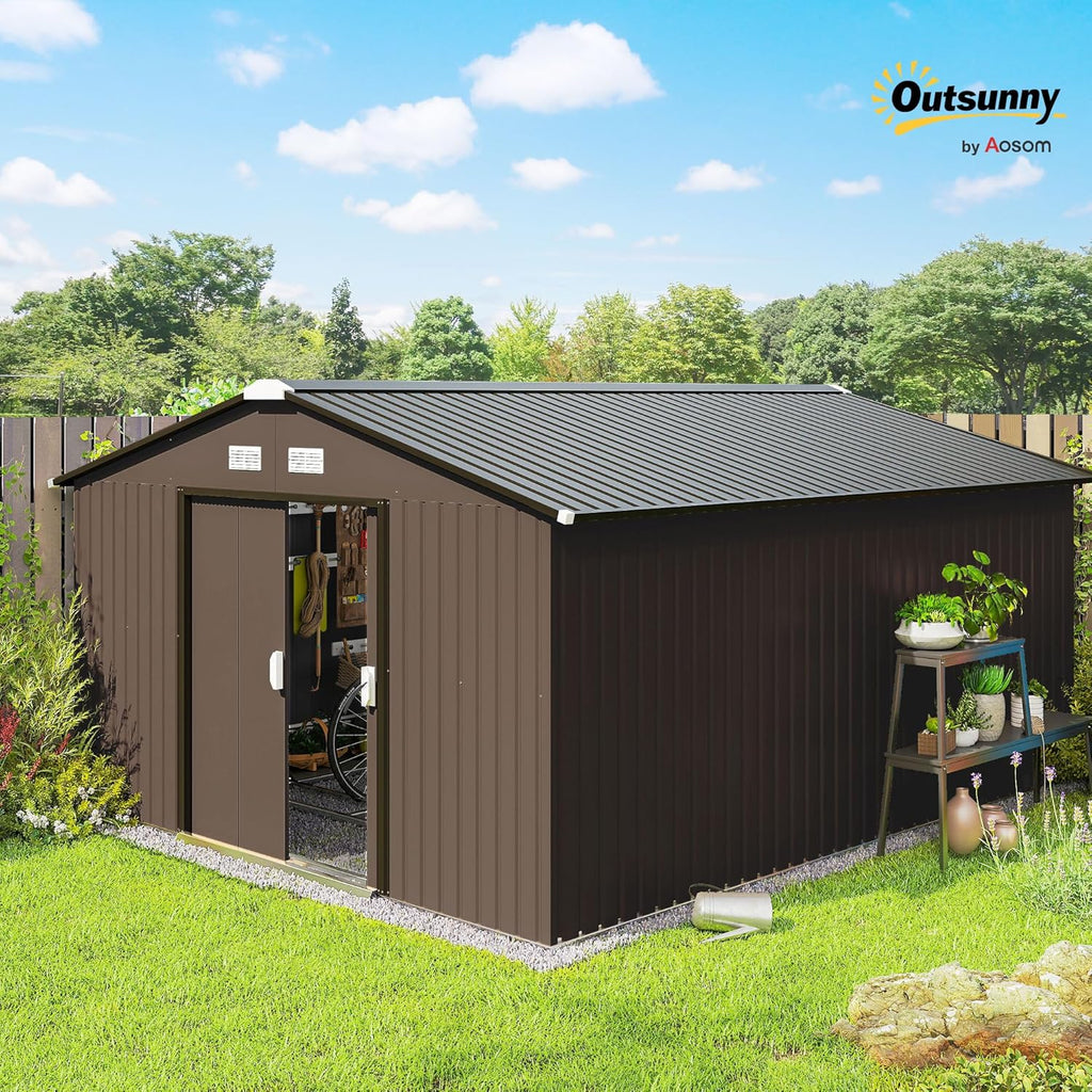 Outsunny Caseta de Jardín Exterior, 12,4 m² 340x386x200 cm, Cobertizo de Jardín Exterior Metálico con Techo de Fibra de Vidrio, Puerta Corredera, Base Refuerzo (Suelo NO Incluido) y Ventanas Marrón