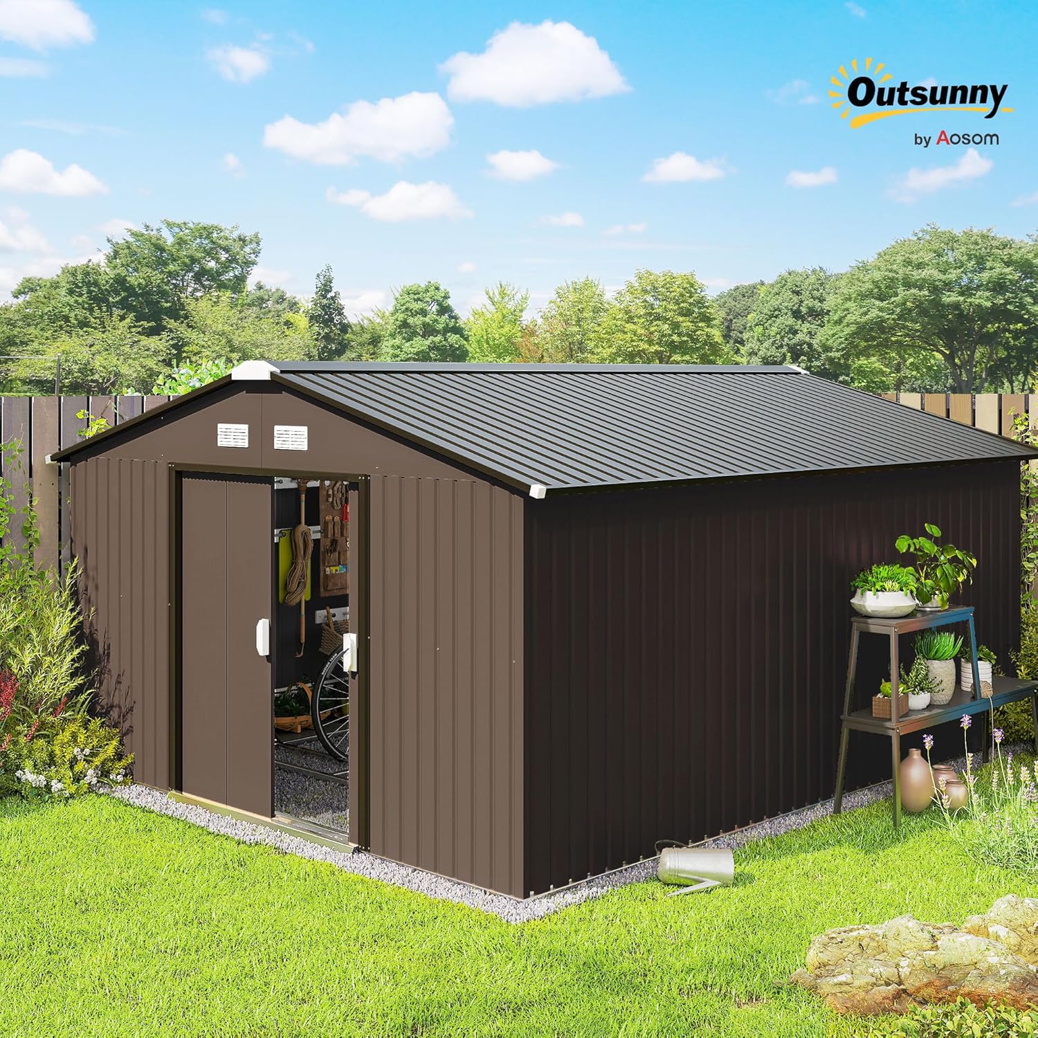 Outsunny Caseta de Jardín Exterior, 12,4 m² 340x386x200 cm, Cobertizo de Jardín Exterior Metálico con Techo de Fibra de Vidrio, Puerta Corredera, Base Refuerzo (Suelo NO Incluido) y Ventanas Marrón