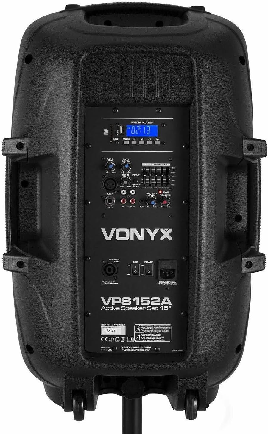 Vonyx VPS152A Powered Speakers Pack of 2 1000W Portable Active/Passive Bluetooth Speakers, 15 Inch, Wired Microphone, Remote Control, Tripods, MP3 Player with USB/SD, LEDs