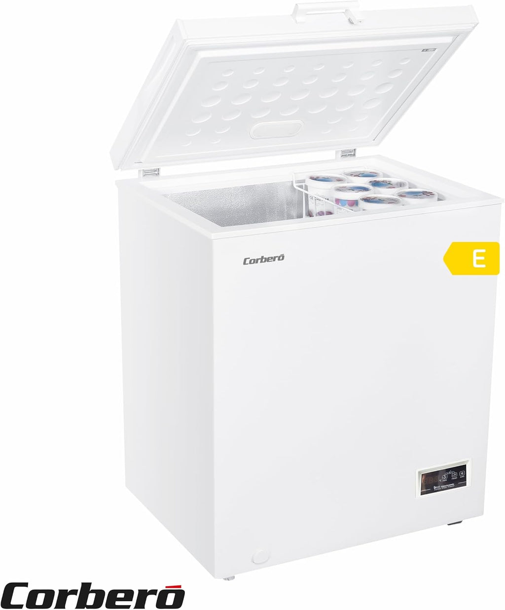 Corbero - Congelador Arcón 142L | CCHH15024E | Control Electrónico con Display | Luz LED | Tirador | 1 Cesta Interior | 2 Ruedas | 2 Patas Ajustables | 40 Db | Eficiencia Energética E | Blanco