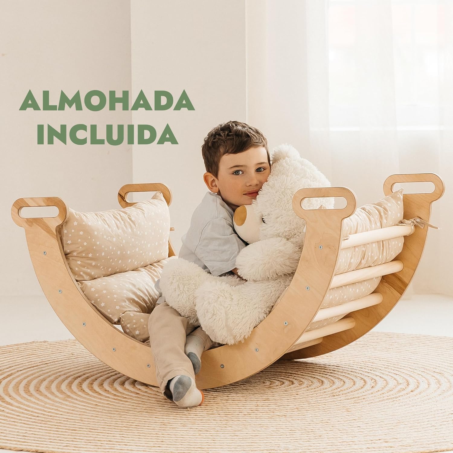 5 en 1 Montessori Juego de Escalada Interior para Niños Pequeños - Gimnasio de Madera para Niños Escalera Triangular & Arco & Rampa de Escalada & Red & Cojín - Gimnasio de Madera para niños pequeños