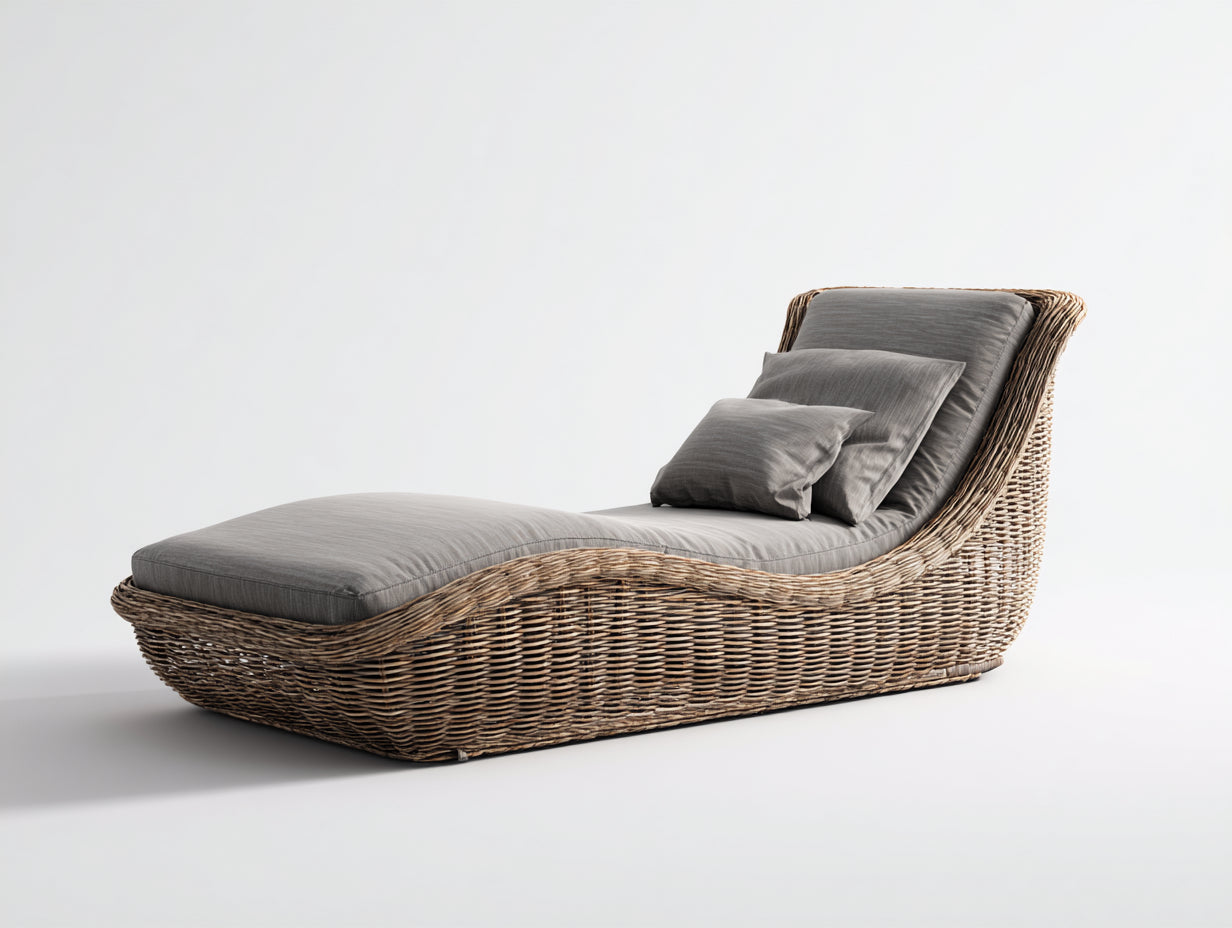 Tumbona de exterior 195x70x85 cm - ratán trenzado y cojín gris - diseño ergonómico para jardín y terraza - estilo natural moderno