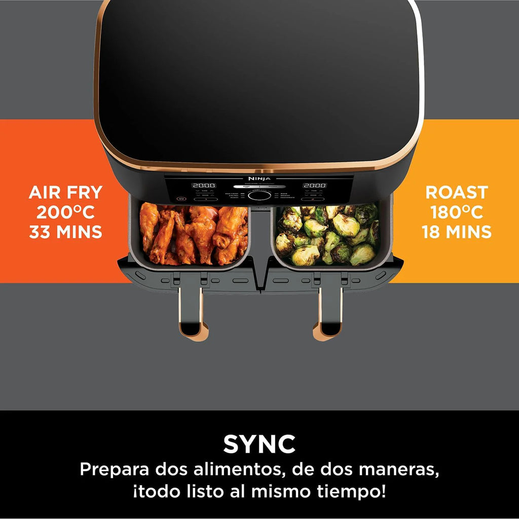 Ninja Foodi MAX Dual Compartment Air Fryer, 9.6L, 6-in-1, No Oil, Max Crisp, Roast, Bake and More, Tongs, 8 Servings, Non-Stick Baskets, Copper & Black, AF400EUCP