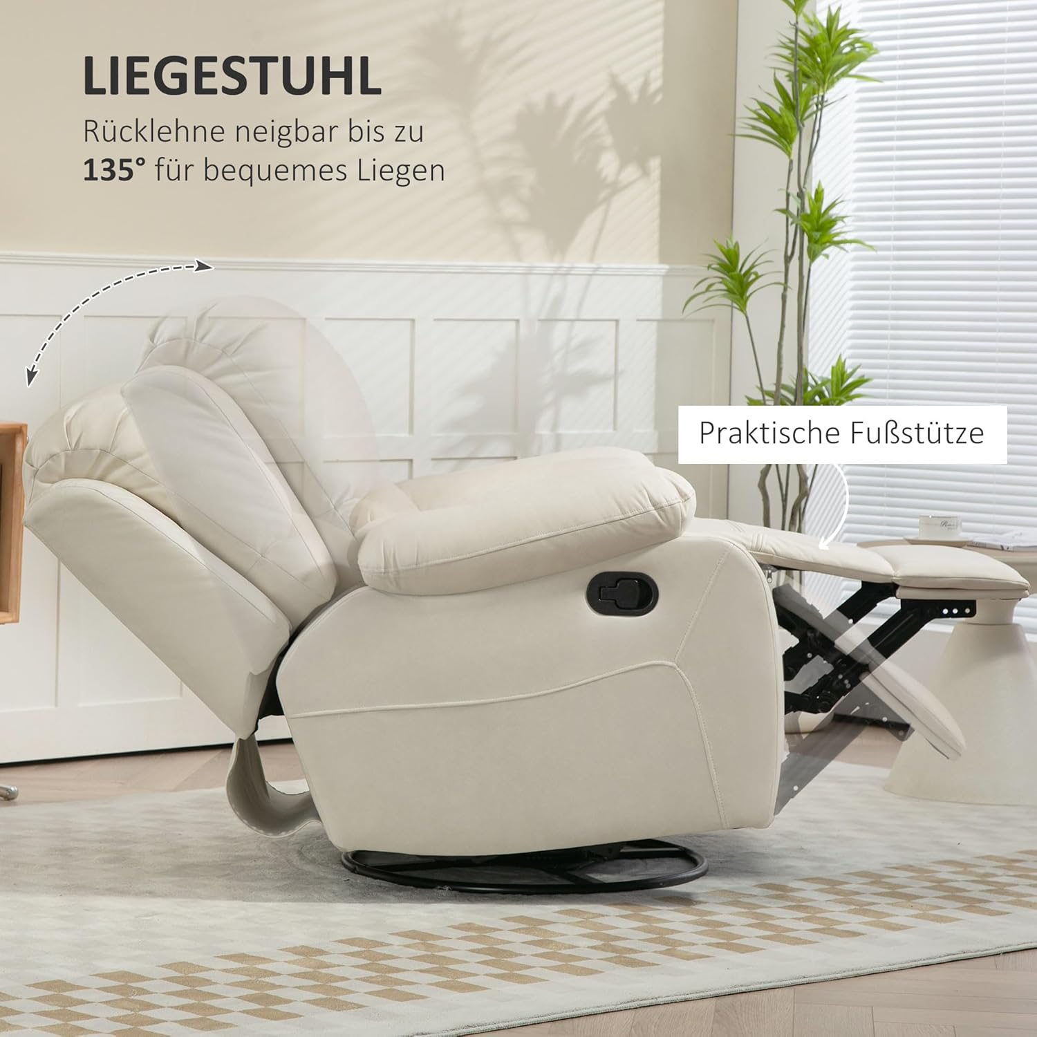 HOMCOM fotel rozkładany 135°, obrotowy fotel TV z podnóżkiem do sypialni w salonie, ładowność do 150 kg poliester zielony
