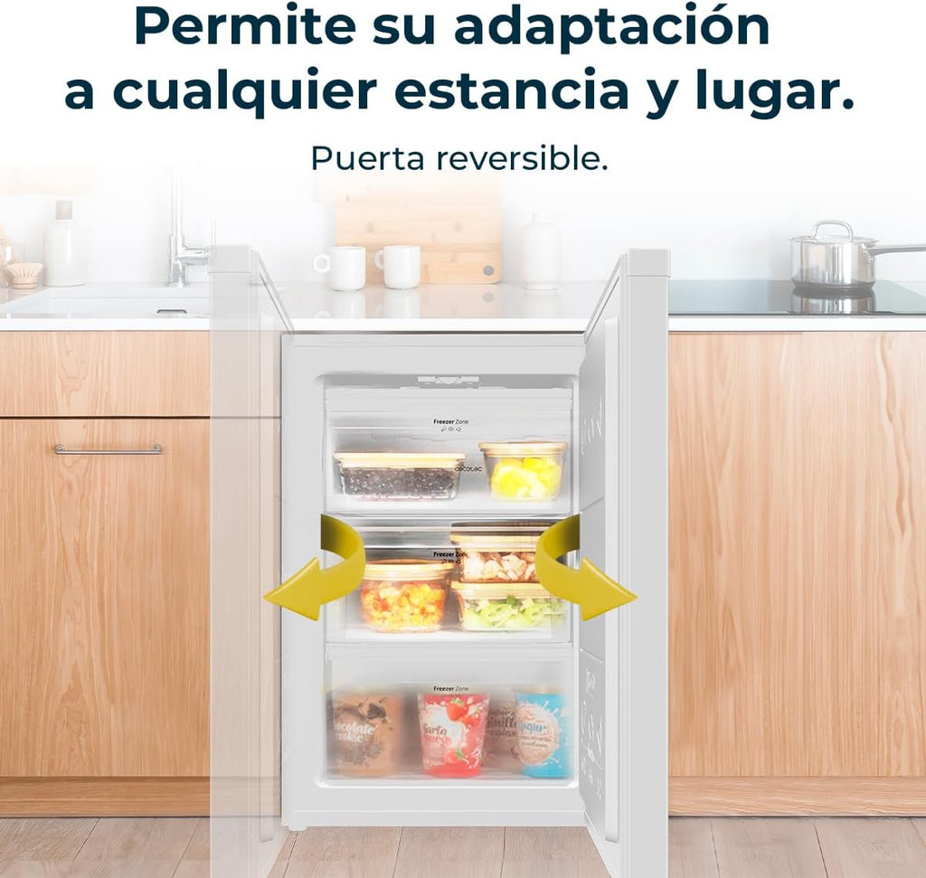 Cecotec Congelador Vertical Sobremesa 97 L Bolero CoolMarket TF 97 White, Clase Energética E, Diseño compacto, Puerta reversible, 3 Cajones, Medidas 55,1 x 57,5 x 83,5 cm, Color Blanco