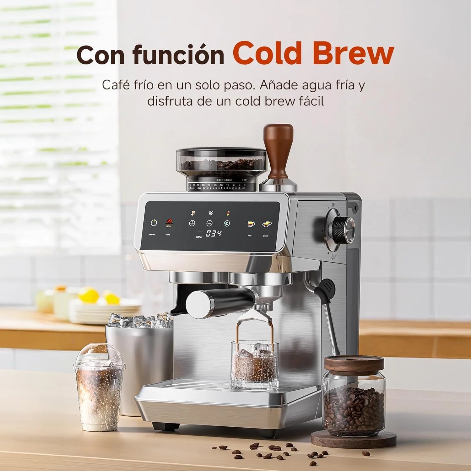 AMZCHEF Espresso Maker with Built-in Grinder 20 Bars – Coffee Machine with 44 Grinding Settings, Milk Steamer, 4 Temperatures, Cold Coffee Function, Stainless Steel, 1.8L Tank