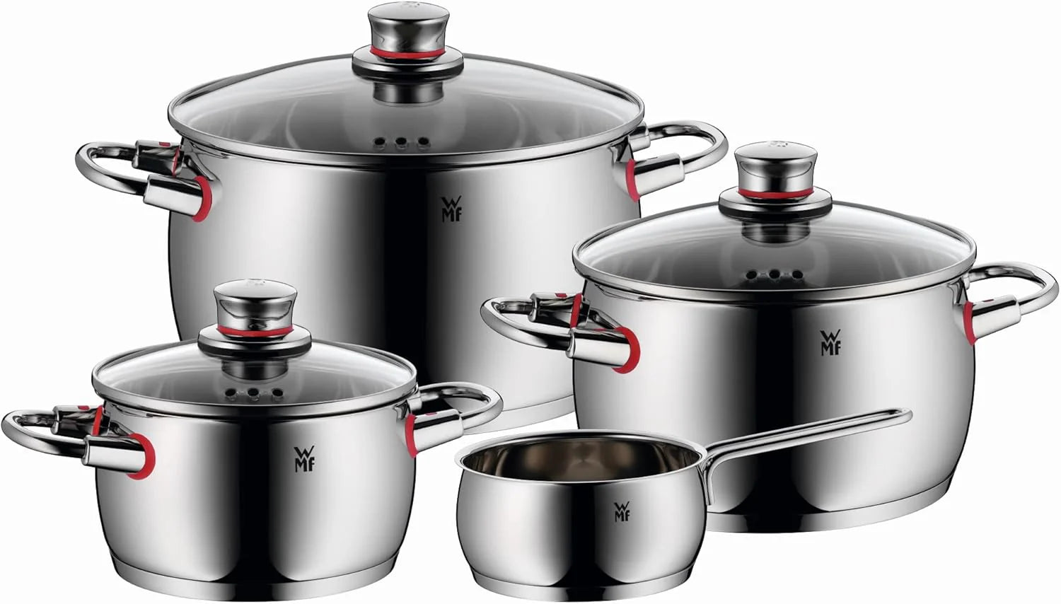 WMF Quaity One 9-Piece Cookware Set, Stainless Steel Suitable for Induction, 1 Low Saucepan 20 cm, 3 Saucepans 16 cm, 20 cm and 24 cm, 1 Saucepan 16 cm with 4 Glass Lids