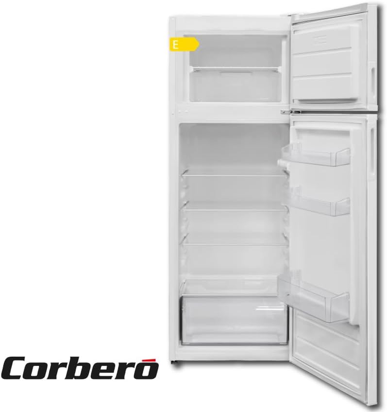 Corberó - Frigorífico 2 Puertas | CF2PV21324W | 57x54x145 | Capacidad 212L | Luz Interior, Crisper, Balcones Ajustables, Descongelación Manual, Estantes de Cristal, Huevera, Cubiteras | Blanco
