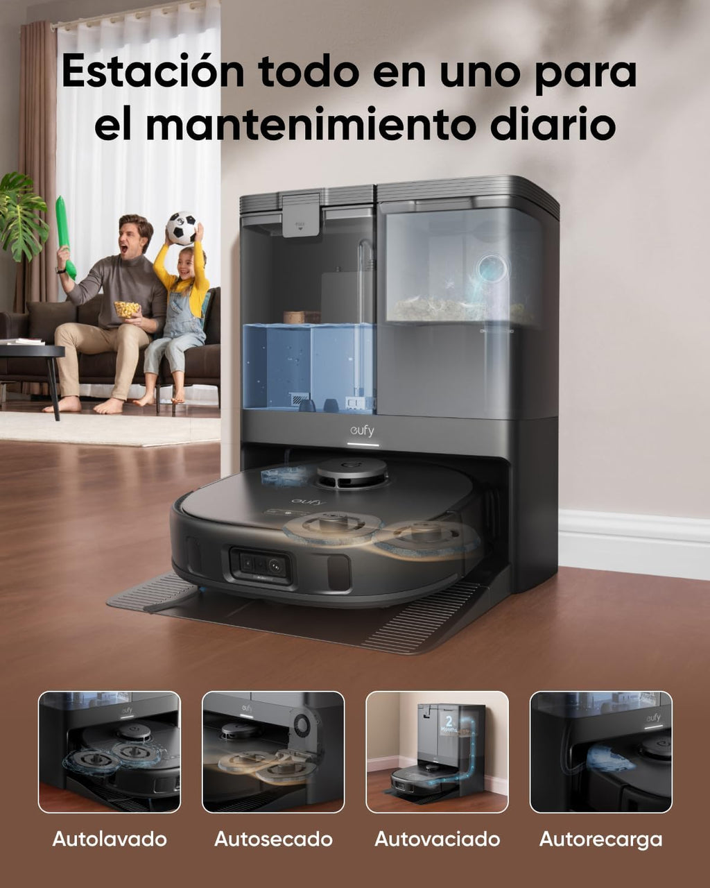 eufy X10 Pro Omni Robot Aspirador con Base Autovaciado y Mopas Giratorias, Mopa Doble con Elevación Automática de 12 mm, Detección de Alfombras, Antiobstáculos AI, Lavado y Secado automático, Negro