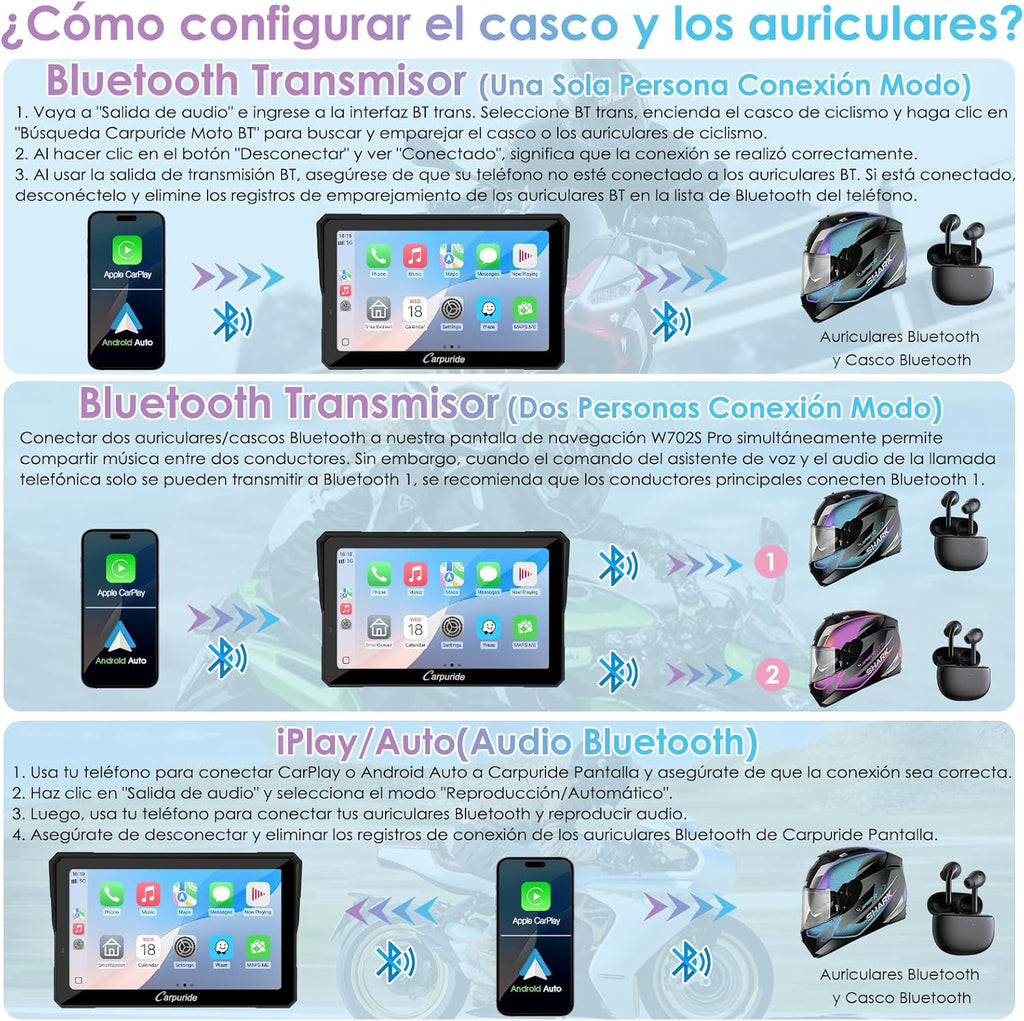 CARPURIDE W702S Pro Motocicleta CarPlay Pantalla con BM05 Soporte para Conectar y Usar, Inalámbrico CarPlay y Android Auto, 7" Impermeable Táctilpantalla, Dual Bluetooth, Control con Cable, Brújula.