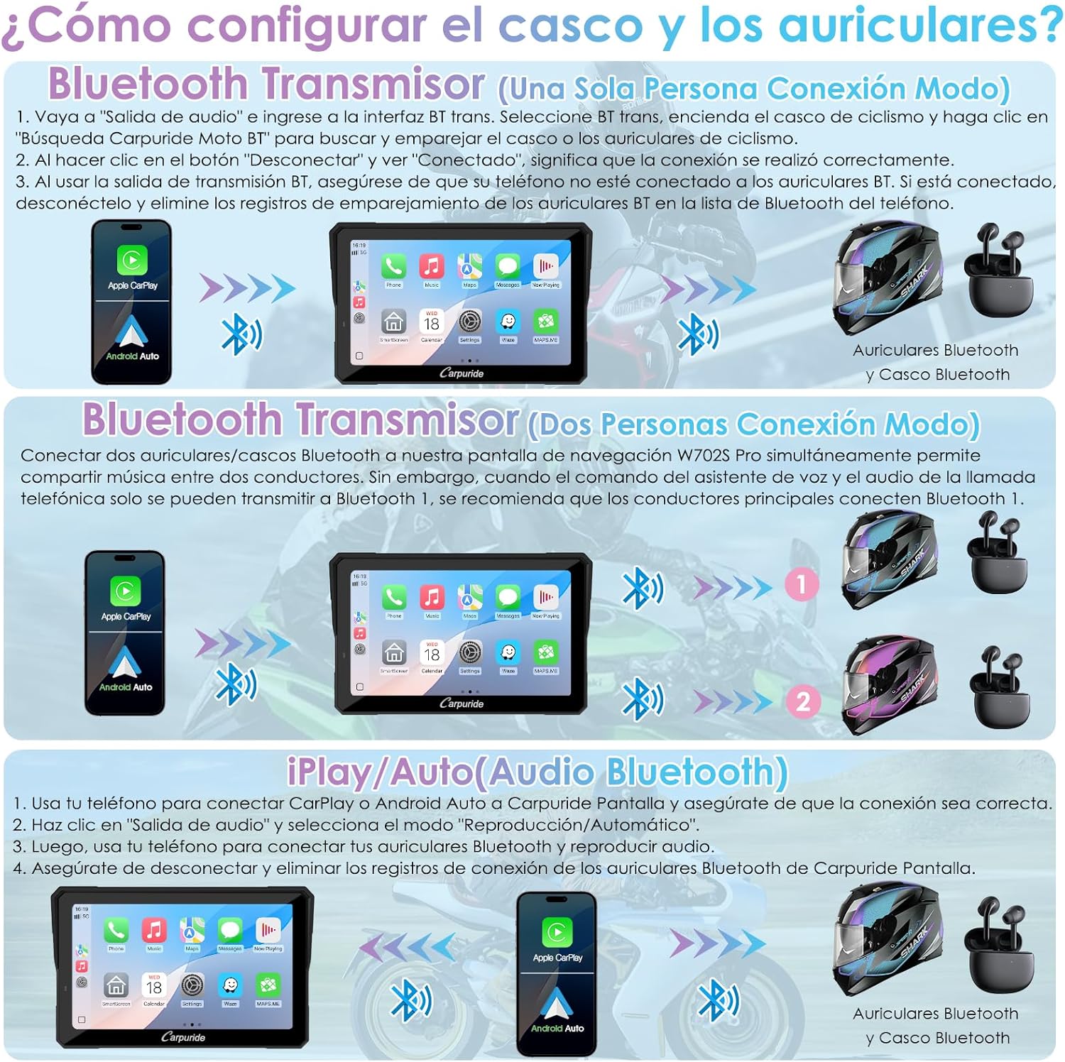 CARPURIDE W702S Pro Motocicleta CarPlay Pantalla con BM05 Soporte para Conectar y Usar, Inalámbrico CarPlay y Android Auto, 7" Impermeable Táctilpantalla, Dual Bluetooth, Control con Cable, Brújula.
