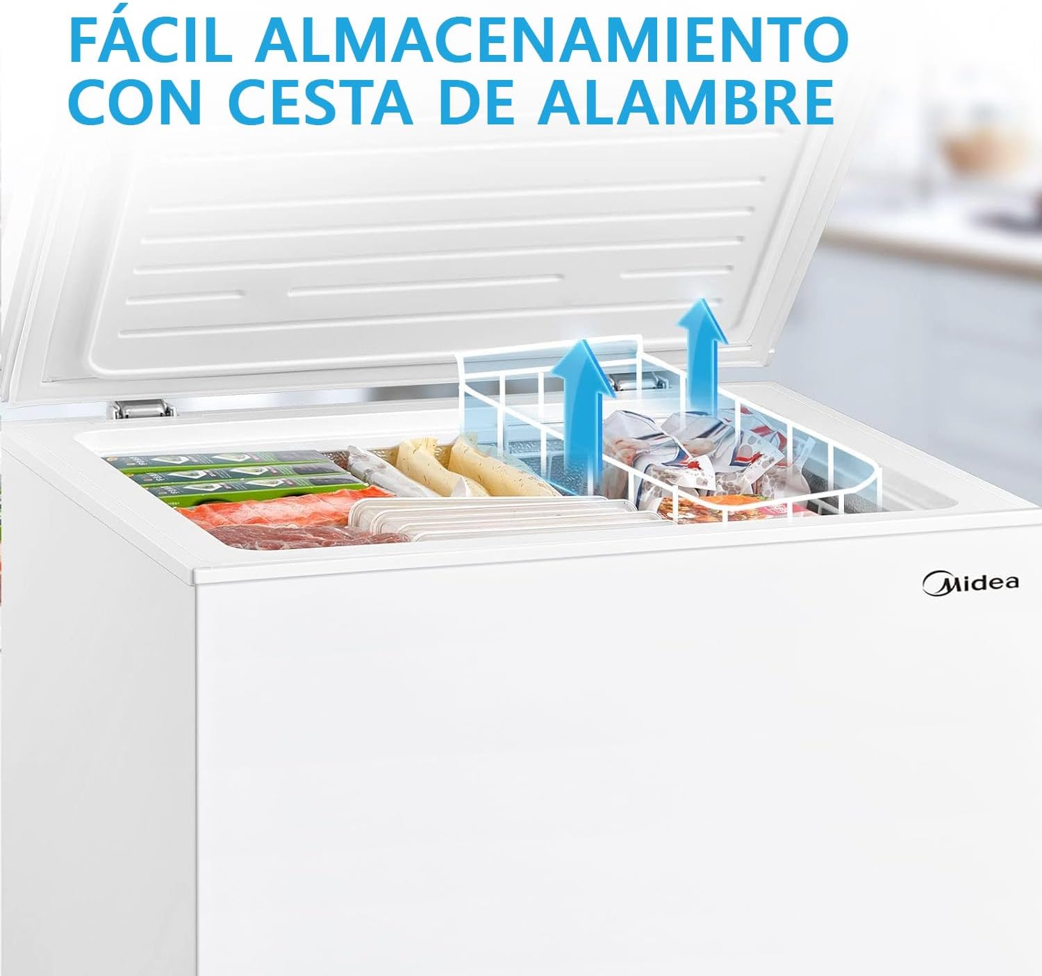 MIDEA Arcon Congelador Pequeño Horizontal de 99L, Motor Inverter, Control Electrónico de Temperatura, Tecnologia D-TYPE Tube, Cestas con Asa, Easy Move, Silencioso 39dBA, Bajo Consumo, Blanco