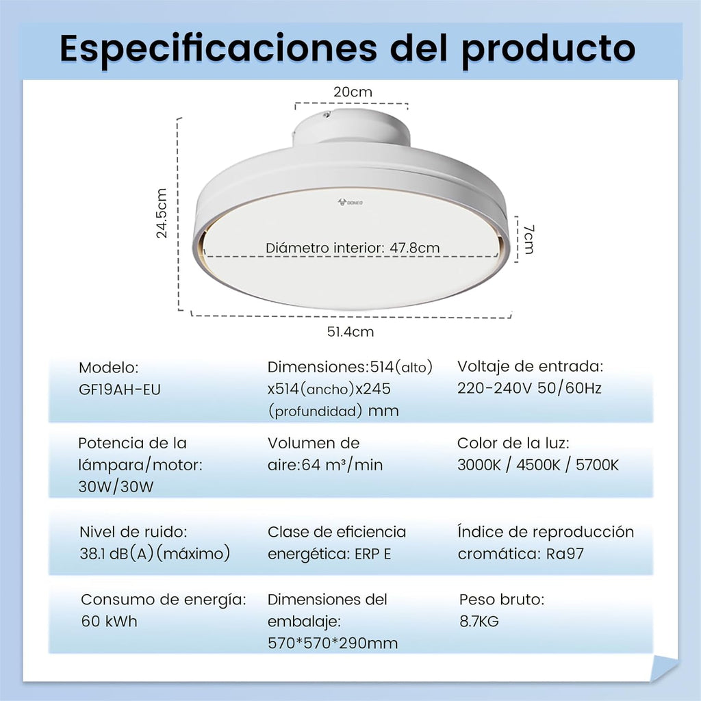 Silencioso Sin Aspas Ventilador de Techo con Luz Regulable 60W 30W Motor DC 30W Luz CCT 3000-5700K LED Lampara Ventilador Techo y Mando 6Velocidades Temporizador Memoria Apto para Salón Dormitorio