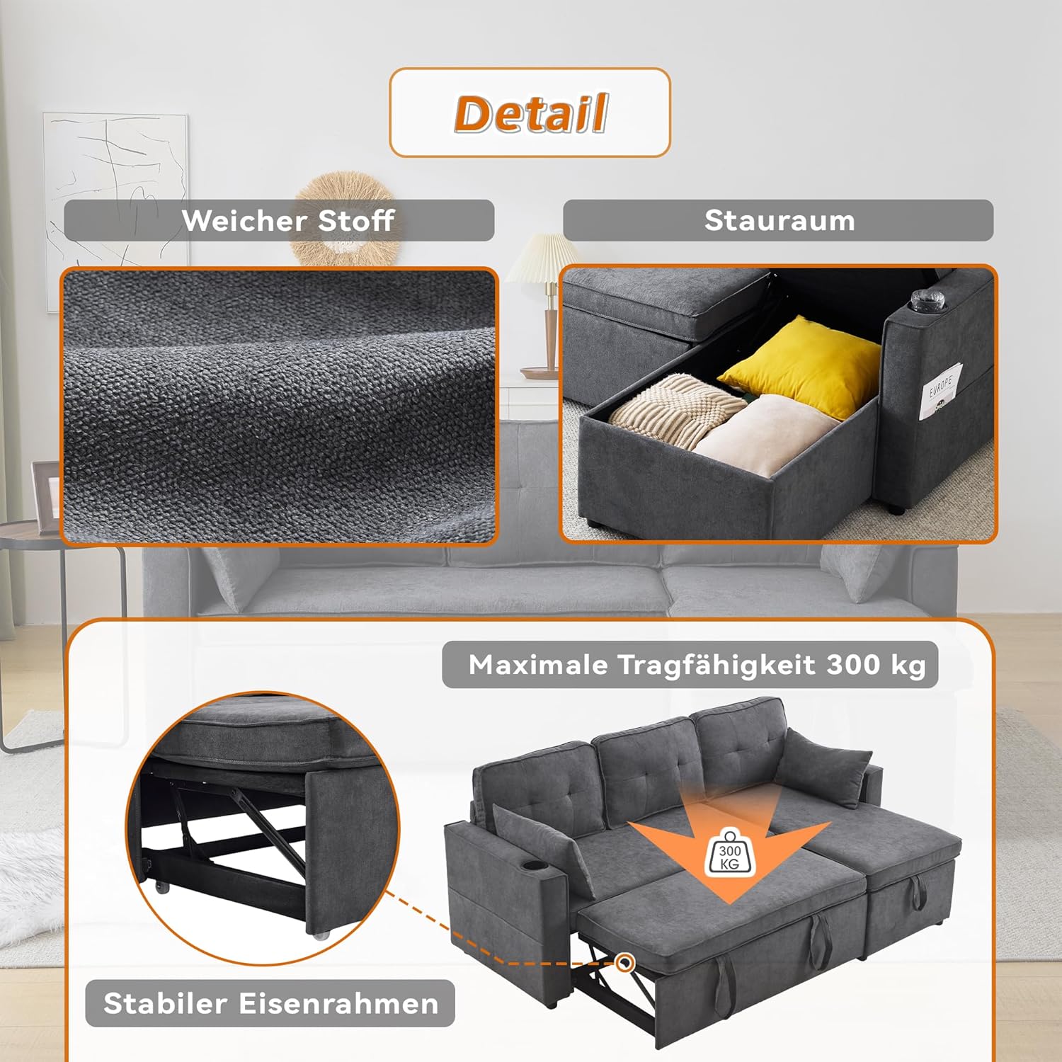 Sofá Cama 3 plazas con Portavasos y Bolsa Pasamanos Lateral, Sofá en Forma de L, Intercambiable a la Derecha y a la Izquierda, Gris