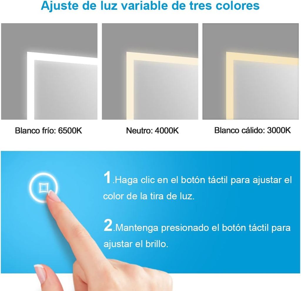 Heilmetz Espejo de baño Iluminado por LED con Lupa 3X, 80 x 60 cm, con Interruptor táctil y función antivaho, Reloj y Bluetooth, Regulable, Tres Colores, Tipo13