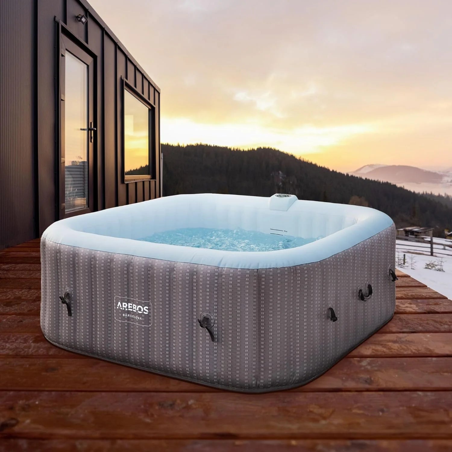 Arebos Spa whirlpool 2400W | Outdoor swimming pool | for 6 people 185 x 185 cm | 130 massage jets | 910 L with heating | Push button inflation function | Incl. cover | Bubble Spa & Welln