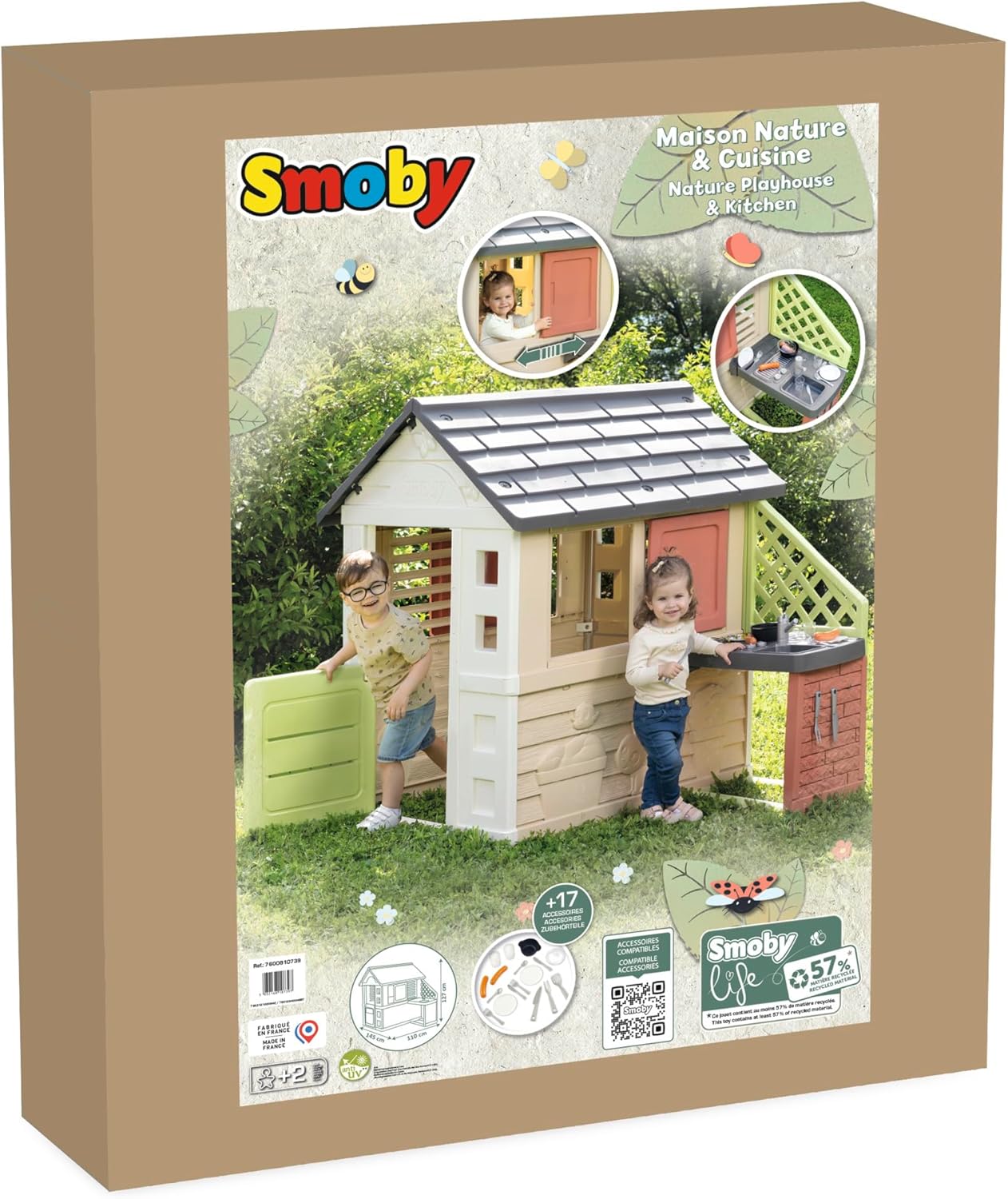 Smoby Life Casa Nature con Cocina de Juguete - Casita Infantil Interior y Exterior - Material Reciclado UV Resistente - A Partir 2 años - Cocina y Accesorios Incluidos - (7600810739)