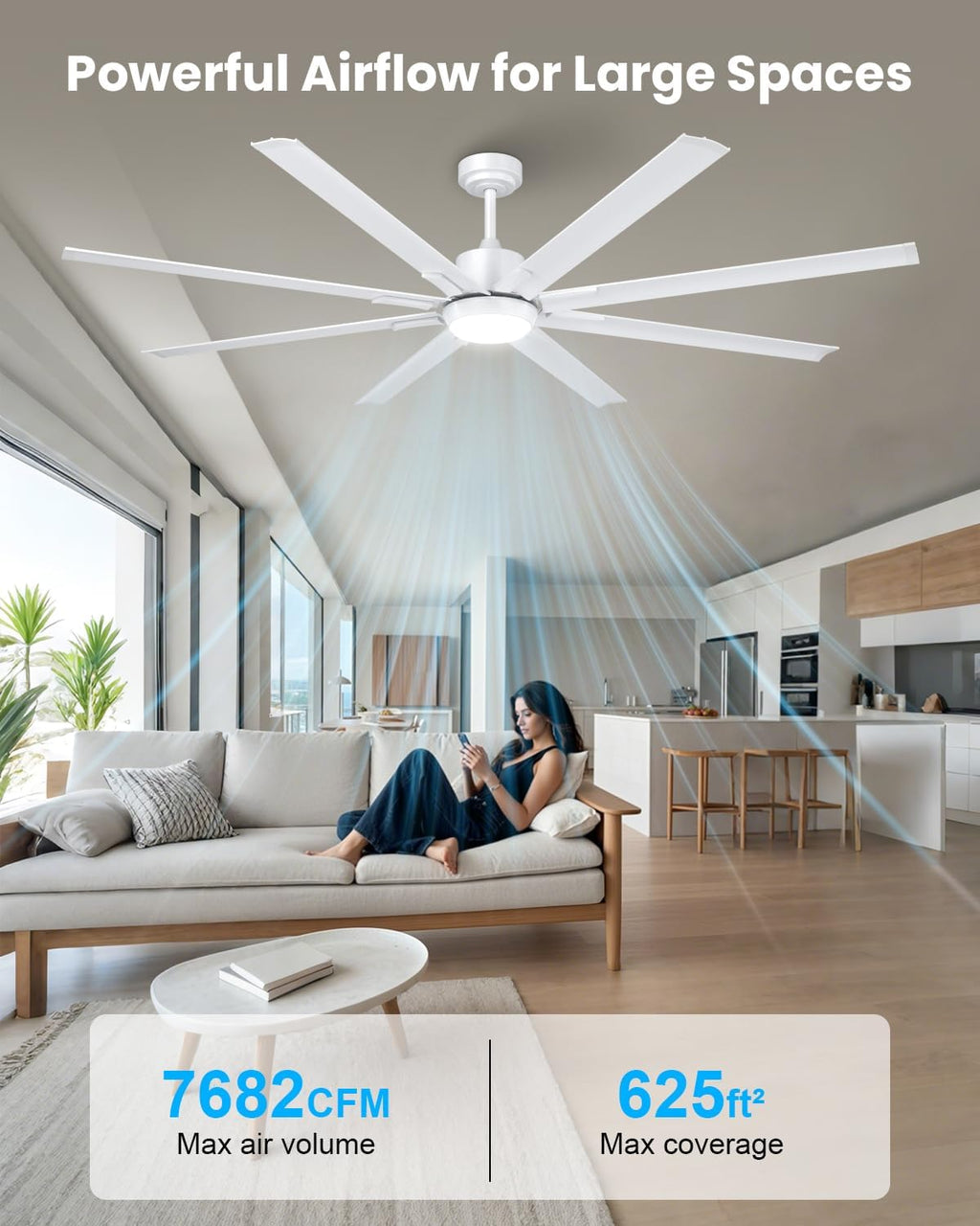 183cm Extra Grande 8 Aspas de Aluminio Ventilador de Techo con Luz y Mando, Silencioso Lampara Ventilador Techo con Reversible Motor DC para Exterior Terraza, Habitación Grande