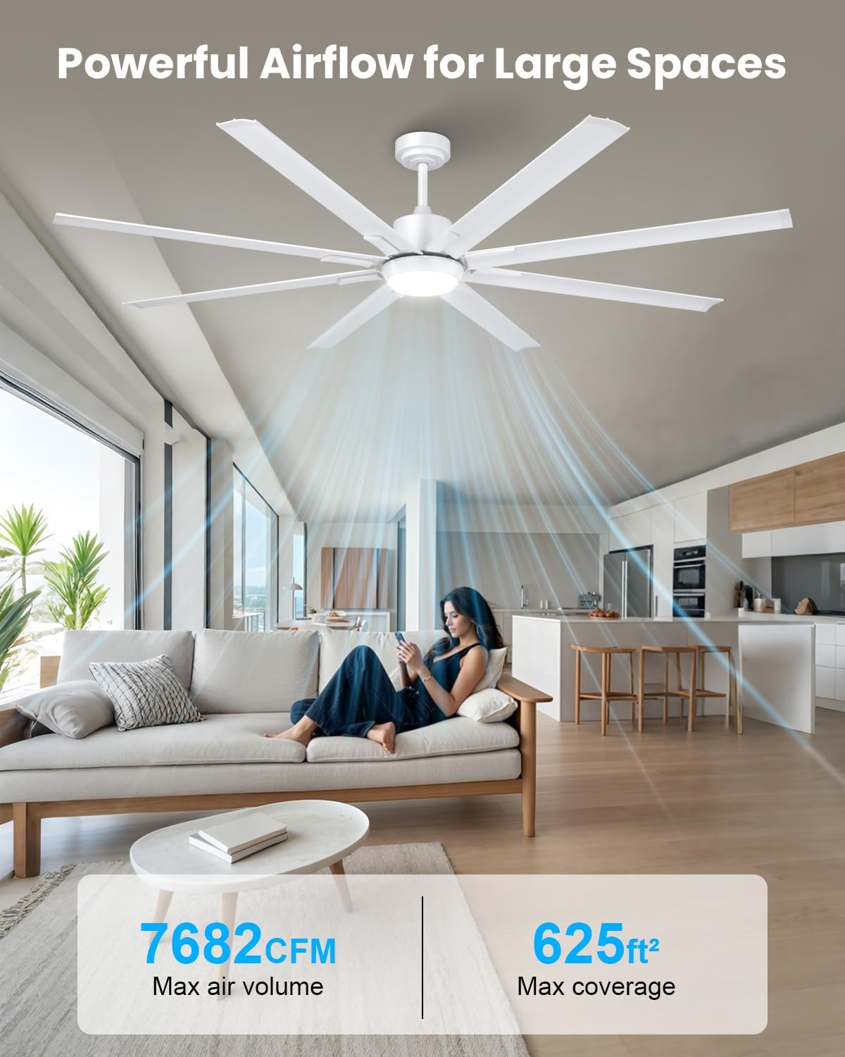 183cm Extra Grande 8 Aspas de Aluminio Ventilador de Techo con Luz y Mando, Silencioso Lampara Ventilador Techo con Reversible Motor DC para Exterior Terraza, Habitación Grande