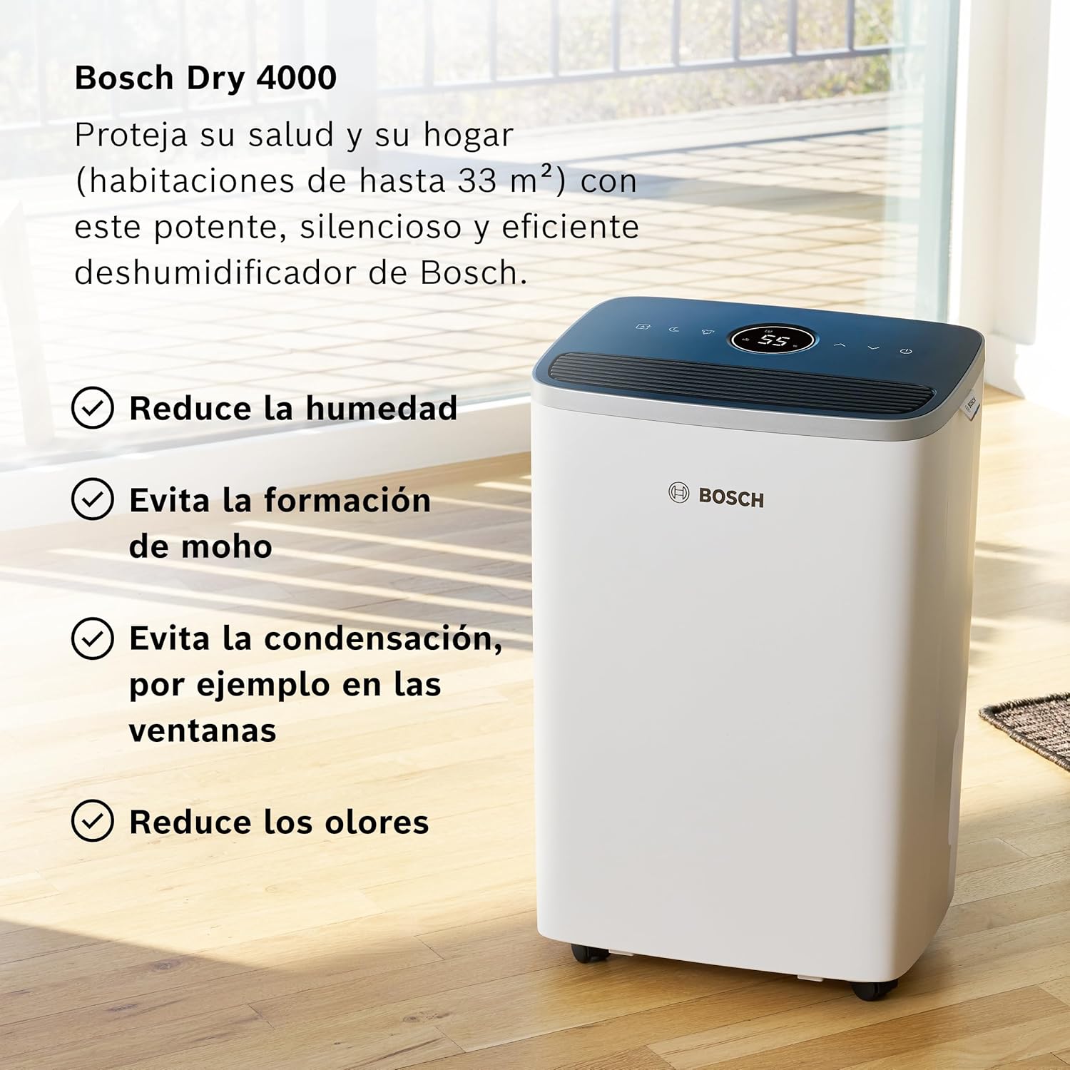 Bosch Deshumidificador Dry 4000 - Fácil. Eficiente. Silencioso. Para tu Hogar y Dormitorio - Para Habitaciones de hasta 33 m² - Secado Rápido para tu Colada