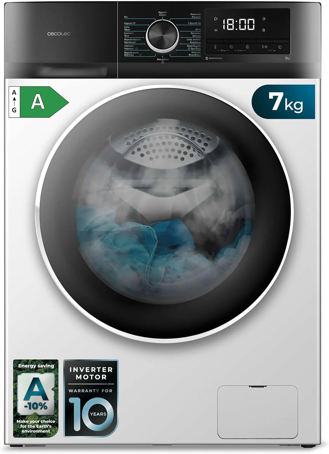 Cecotec Washing Machine 9 kg Front Load Bolero Dresscode 9500 Inverter Steel A. 1900W, 1400 rpm, Inverter Plus Motor, Low Consumption, 16 Programs, SteamMax, Delay Start, Steel