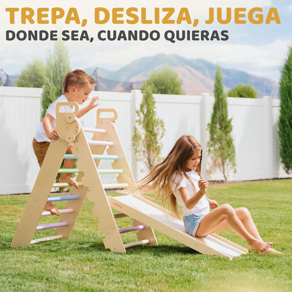 9en1 Montessori triangulo pikler Grande de 1 a 7+ años, 5 ángulos Ajustables, Parque Infantil Exterior y Interior en Madera para la Escalada con Arco pikler y rampa Pickler para niños