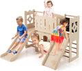 COSTWAY 8 en 1 Parque de Juegos de Interior de Madera con Temática de Castillo, Tobogán Infantil, Escalador, Escaleras, Almacenamiento, Pizarra, Túnel, Juego Montessori para Niños de 3+ Niños