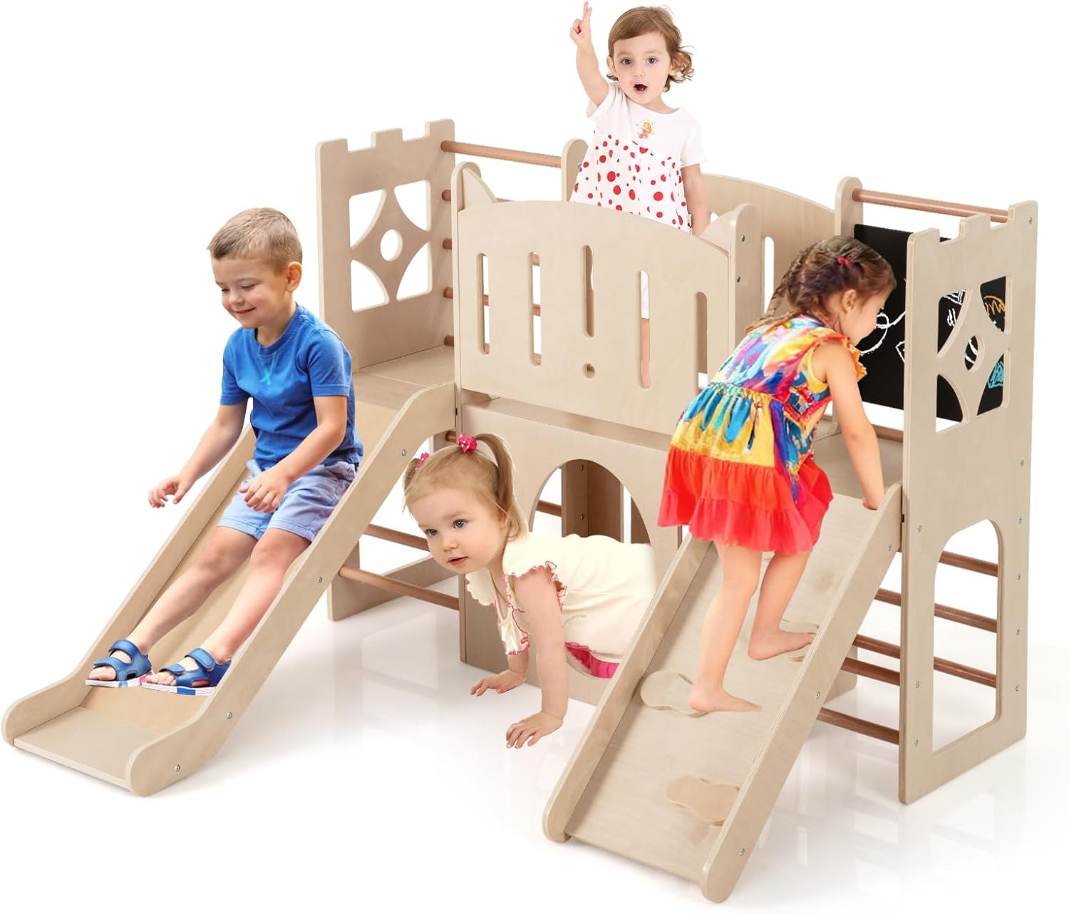 COSTWAY 8 en 1 Parque de Juegos de Interior de Madera con Temática de Castillo, Tobogán Infantil, Escalador, Escaleras, Almacenamiento, Pizarra, Túnel, Juego Montessori para Niños de 3+ Niños