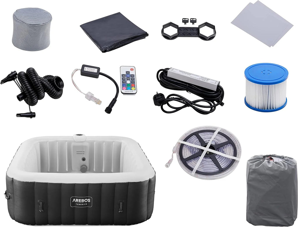 Arebos Whirlpool Inflatable Spa | Hot Tub | 185 x 185 cm | for 6 People | LED Luminous Band | 130 Massage Jets | 910 Litres | Includes Cover | Bubble Massage and Wellness
