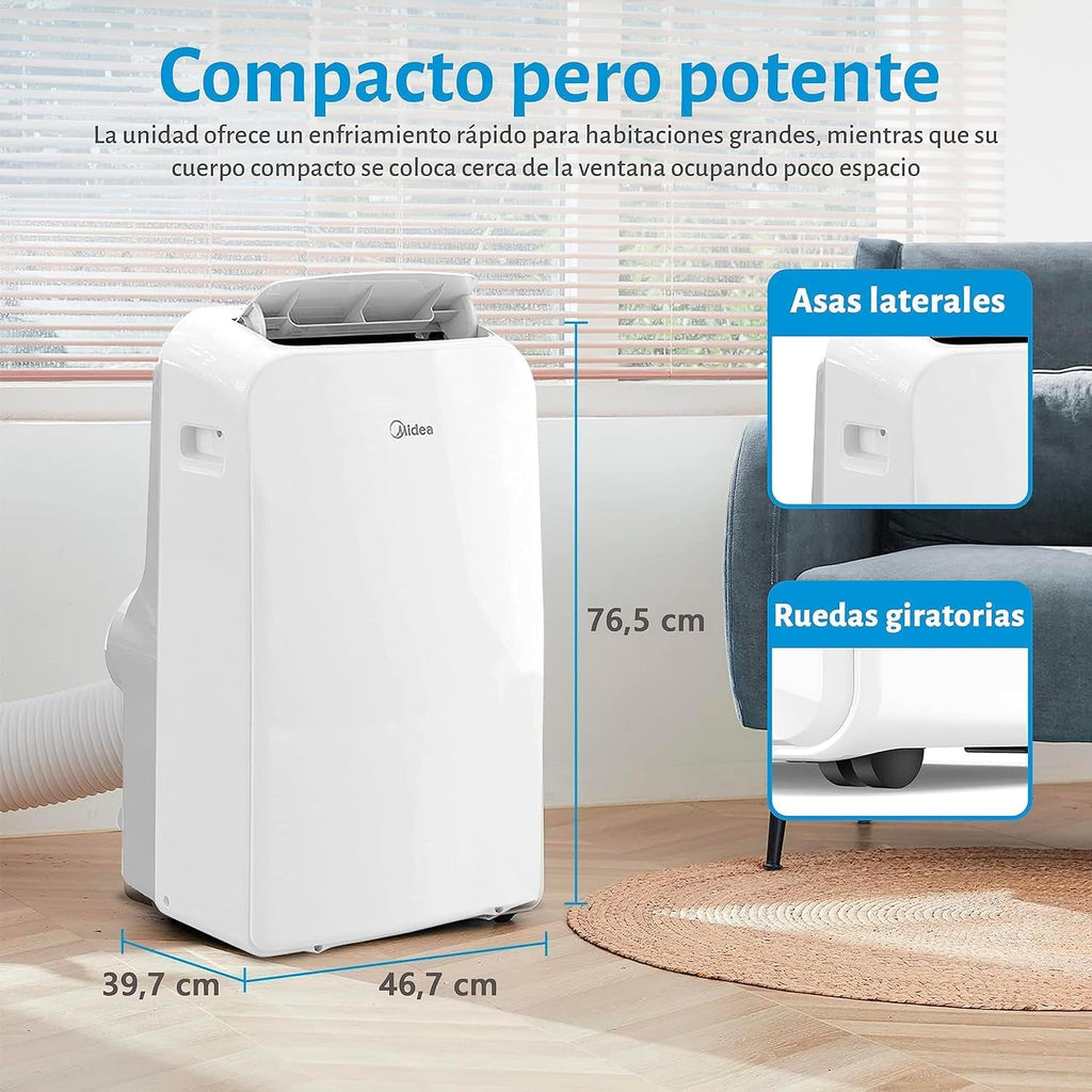 MIDEA Pingüino Aire Acondicionado Portátil 3 en 1 | 3000 Frigorías / 12000 BTU | Air conditioner Silencioso 43m2 - Deshumidificador Ventilador Climatizador 3500 W - 4 modalidades con kit de ventana