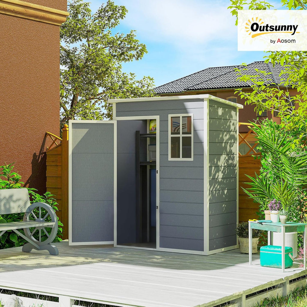 Outsunny Caseta de Jardín Exterior, 1,14 m², 151x92x193 cm, Cobertizo de Jardín Exterior con Suelo, Puerta Corredera, Ventana y Techo Inclinado, para Almacenamiento de Herramientas, Gris