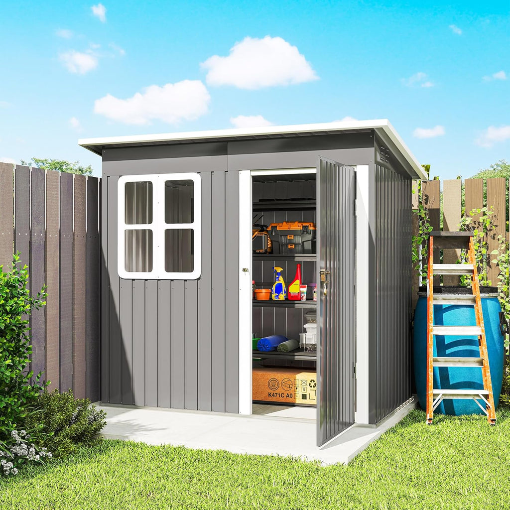 Outsunny Caseta de Jardín Exterior, 2,55 m² 221x133x190 cm, Cobertizo de Jardín Exterior Metálico con Ventana, Puerta con Cerradura y Ventilaciones, para Almacenamiento de Herramientas, Gris Oscuro