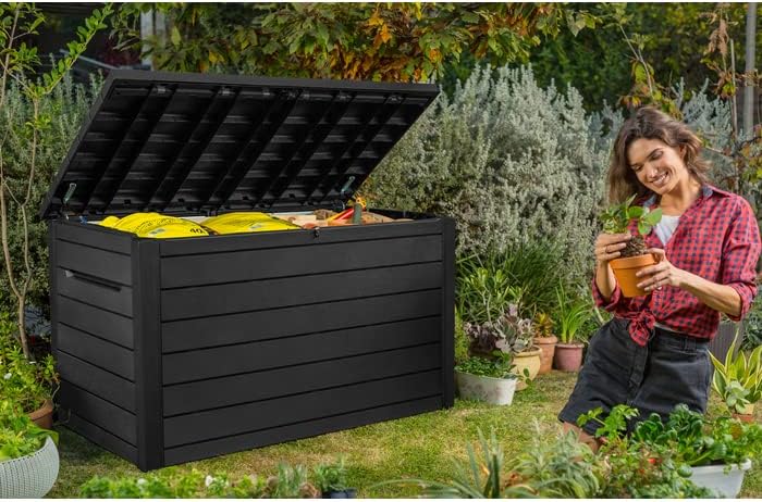 Keter Caja de cojín XXL Ontario, Grafito, 870 l de Capacidad, Dimensiones Exteriores: 147 x 83 x 86 cm, Caja de Almacenamiento Impermeable, para Exteriores