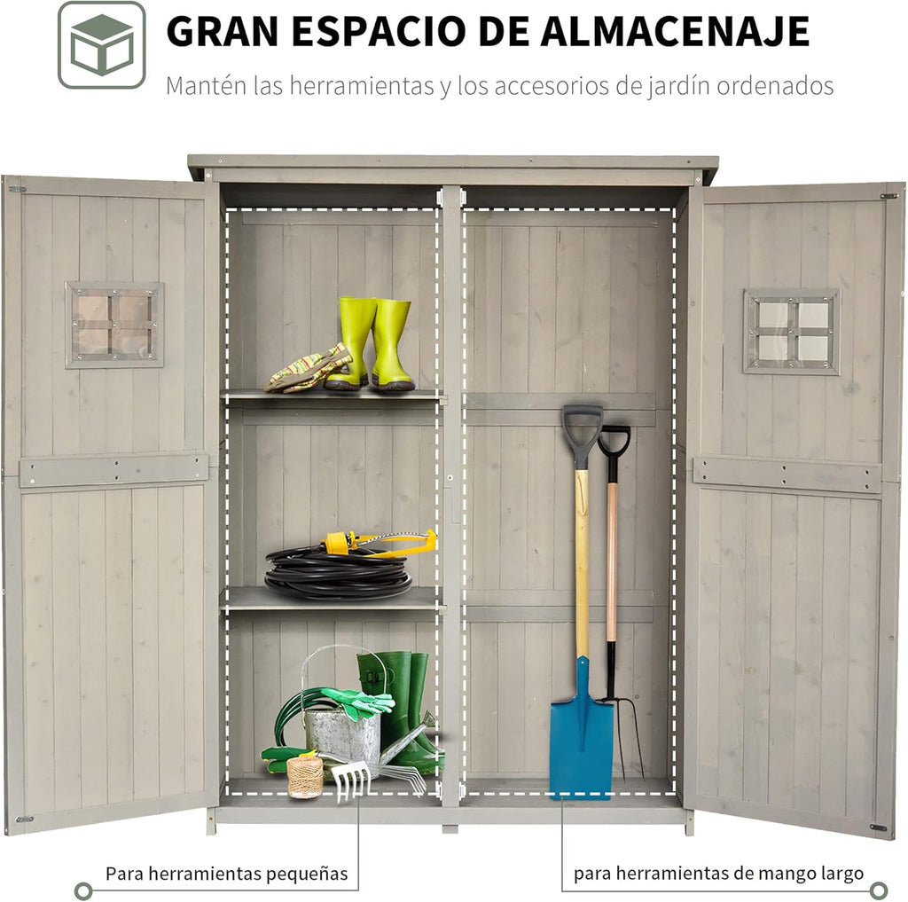 Outsunny Cobertizo de Madera Caseta Exterior Armario Herramientas de Jardinería Doble Puertas Techo Impermeable Compartimientos de Diferentes Tamaños 127.5x50x164cm Madera Maciza