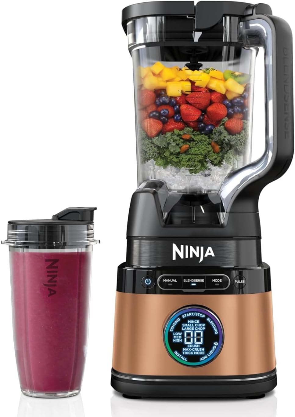 Ninja 2-in-1 Detect Power Blender Pro & Single Serve, 1200 W, dzbanek 2 l (maks.900 ml), 1 kubek 680 ml, smoothie, rozdrabnianie warzyw i miksowanie mrożonych napojów, Czarny- miedziany, TB301EUCP