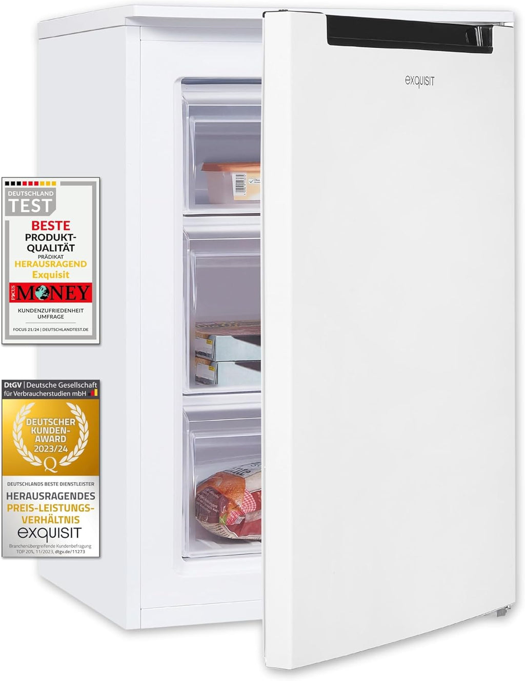 Exquisit congelador vertical, 87L, 4 estrellas, clase D, Color blanco, 3 cajones, método descongelación manual, termostato ajustable, puerta reversible, 40 db, consumo 132 kwh/año, 85,5x54,5x58 cm