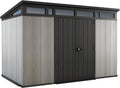 Keter Artisan Cobertizo de jardín de 11 x 7 cm, resistente a la intemperie, con suelo, techo inclinado, puertas dobles y ventanas, ideal para almacenamiento al aire libre, 342 x 218 x 226 cm, 13,7 m³,