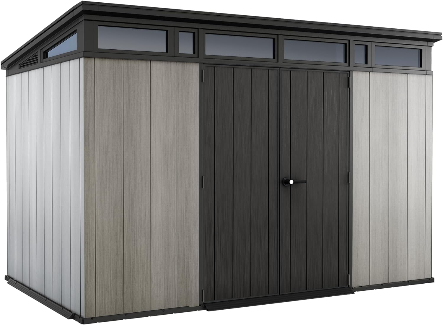 Keter Artisan Cobertizo de jardín de 11 x 7 cm, resistente a la intemperie, con suelo, techo inclinado, puertas dobles y ventanas, ideal para almacenamiento al aire libre, 342 x 218 x 226 cm, 13,7 m³,