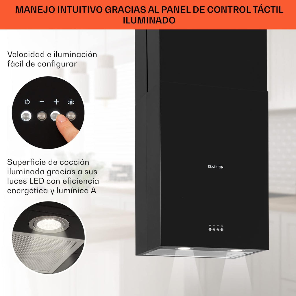 Klarstein Campana Isla Cocina, Extractor para Islas, Campana Techo Flujo Aire 641m³/h, Temporizador, Extractora Isla Regulable, Humos 3 Modos y Filtros de Carbón Activo