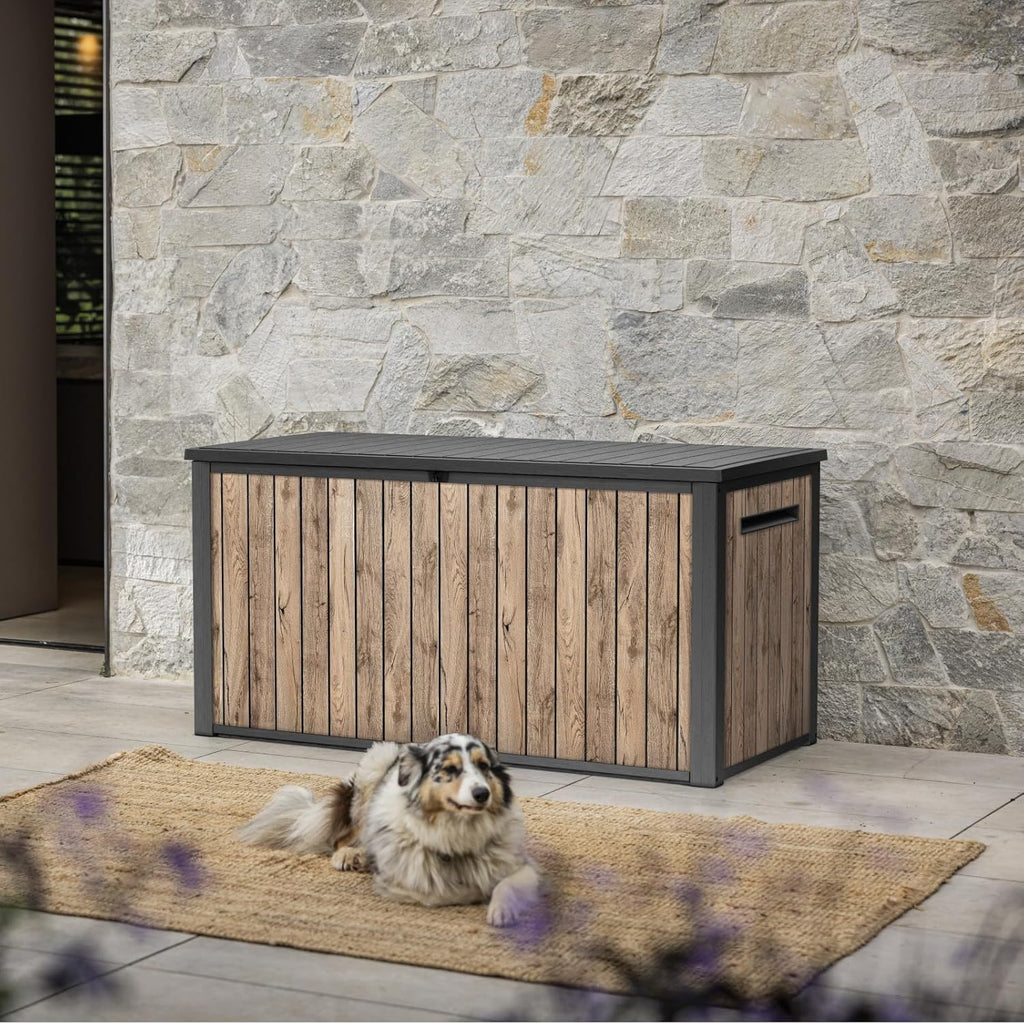 Keter Caja de jardín Sierra 643L, 144 x 67 x 73 cm, plástico con aspecto de madera (pino), tapa con resortes de gas, se puede cerrar