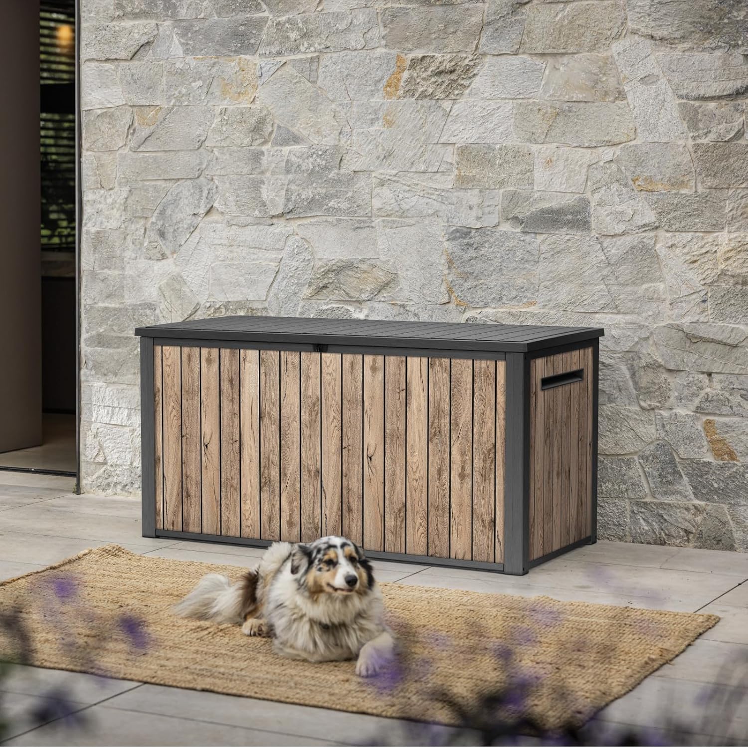Keter Caja de jardín Sierra 643L, 144 x 67 x 73 cm, plástico con aspecto de madera (pino), tapa con resortes de gas, se puede cerrar