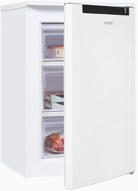 Exquisit congelador vertical, 87L, 4 estrellas, clase D, Color blanco, 3 cajones, método descongelación manual, termostato ajustable, puerta reversible, 40 db, consumo 132 kwh/año, 85,5x54,5x58 cm