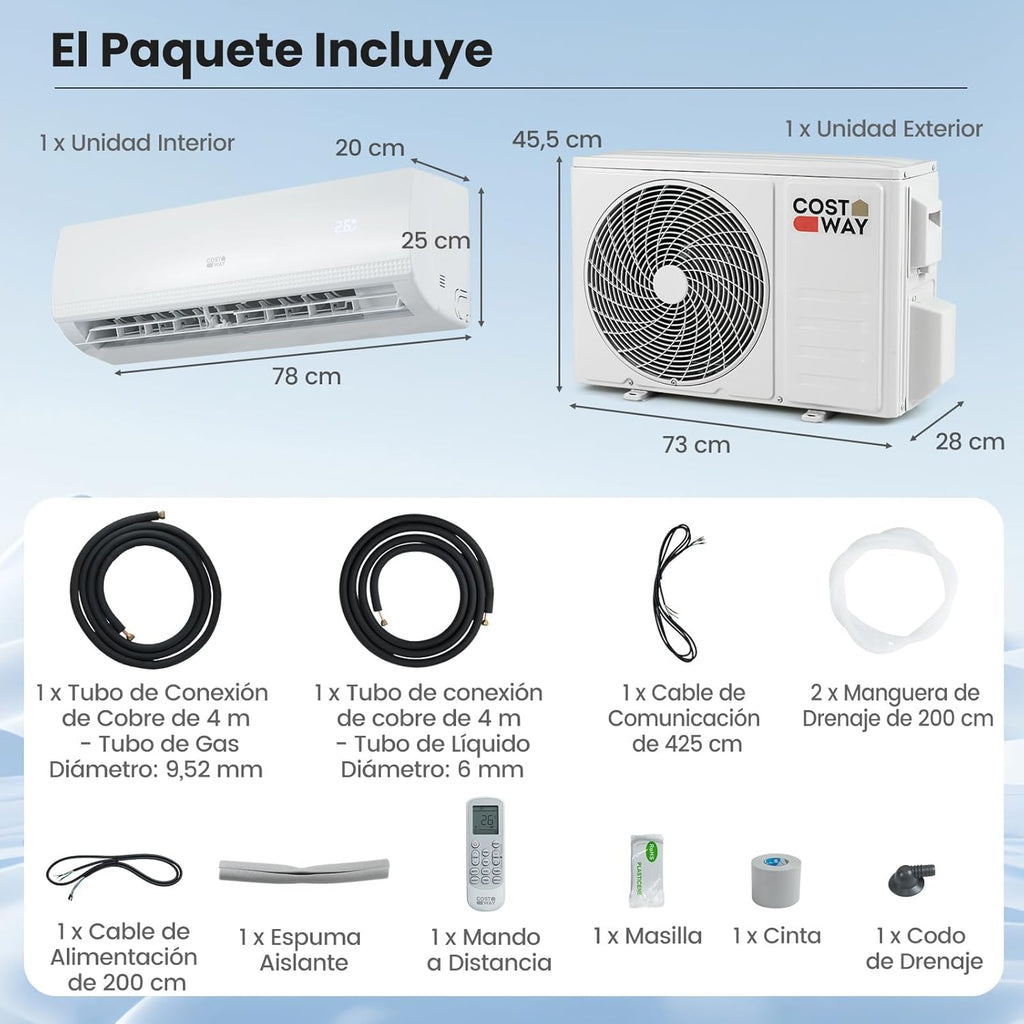 COSTWAY Aire Acondicionado Split, 2,6 kW, Aire Acondicionado con Calefacción con Bomba de Calor,Refrigerante: R32, Calefactor y Refrigerador con Kit de Instalación para Habitación hasta 70m³ (9000BTU)