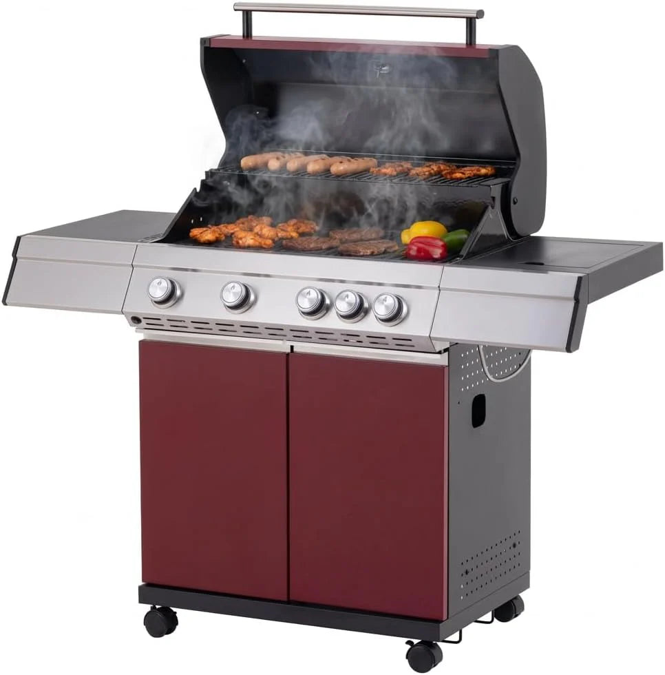 Tarrington House Paxton 4 + 1 Burner Gas Barbecue, Steel/Stainless Steel, Lid with Thermometer, Side Table, Wheels, Black