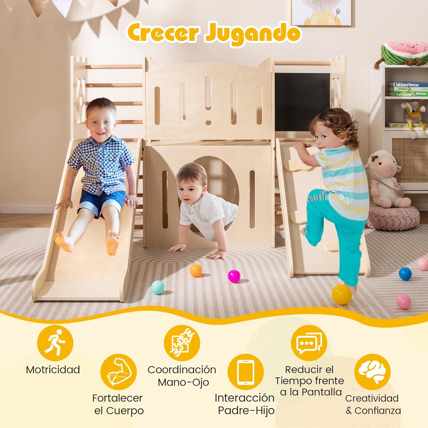 COSTWAY 8 en 1 Parque de Juegos de Interior de Madera con Temática de Castillo, Tobogán Infantil, Escalador, Escaleras, Almacenamiento, Pizarra, Túnel, Juego Montessori para Niños de 3+ Niños