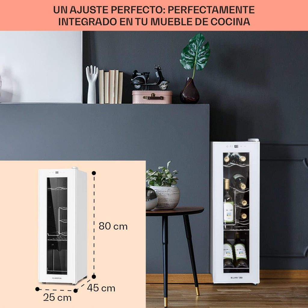 KLARSTEIN Vinoteca para Vinos de 32L Nevera Vino Una Zona, Botellas Vino, Proseco y Cervezas, Vinoteca Pequeña Puerta Cristal para Interior y Exterior, Nevera para Vinos Capacidad 12 Botellas