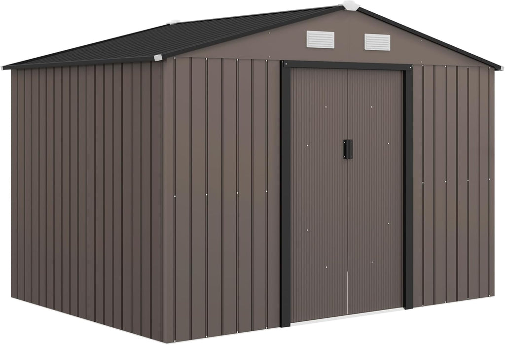 Outsunny Caseta de Jardín Exterior, 5 m² 277x195x192 cm, Cobertizo de Jardín Exterior Metálico con 2 Puertas Correderas, Base Refuerzo (Suelo NO Incluido) y 4 Ventanas, Marrón