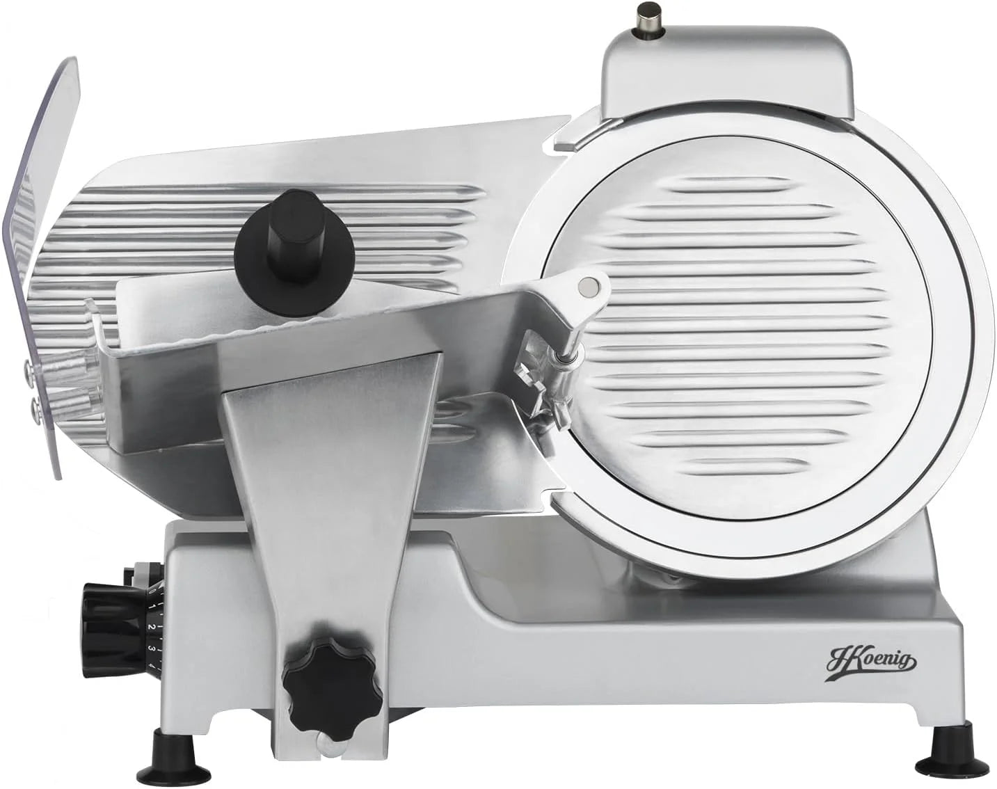 H.Koenig MSX250 Professional Precision Electric Meat Slicer 0-12 mm Cutting Thickness 25 cm Italian Blade Integrated Sharpener Wide Tray 282 RPM Silver