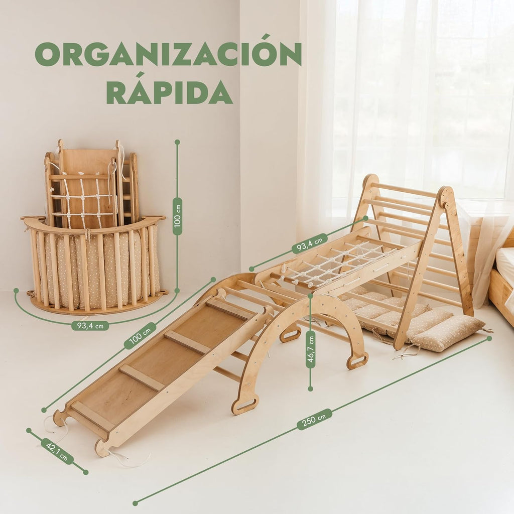 5 en 1 Montessori Juego de Escalada Interior para Niños Pequeños - Gimnasio de Madera para Niños Escalera Triangular & Arco & Rampa de Escalada & Red & Cojín - Gimnasio de Madera para niños pequeños
